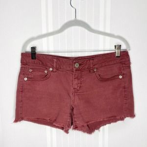 American Eagle Outfitters Jean Shorts Size 10 Burgundy Raw Hem Fringe Denim